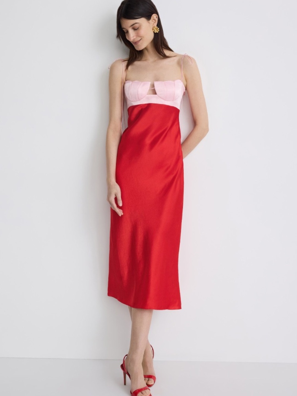 Anna October Atena Tulip Red Pink Slip Midi Dress - MEDIUM
